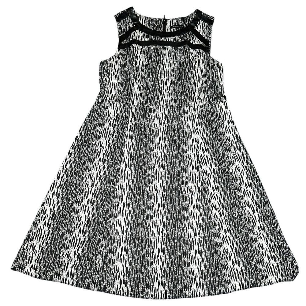 Lane Bryant Black White Jacquard A-Line Sleeveless Dress Faux Leather Trim Sz 18